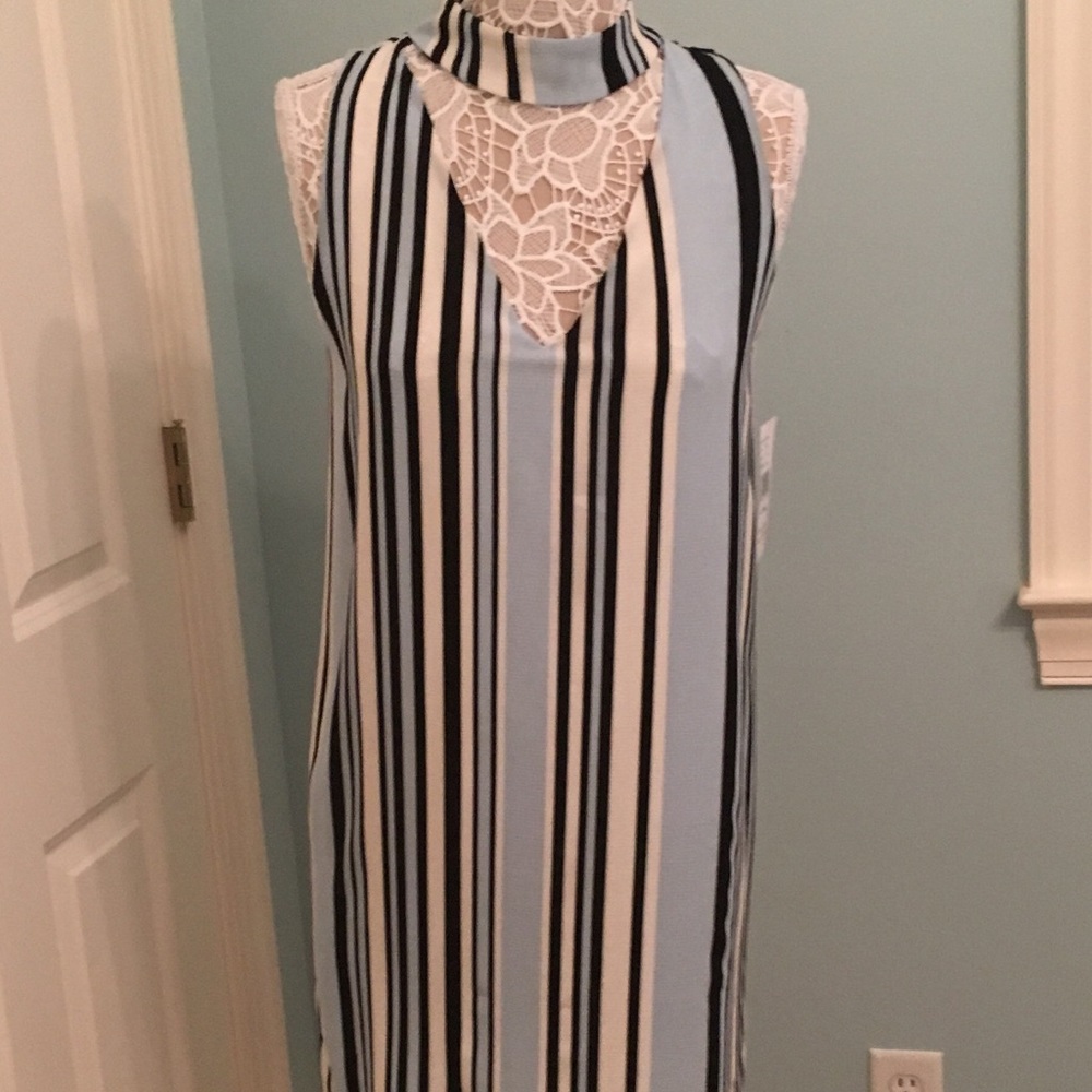 Sleeveless Light Blue Striped Dress w/mock neck